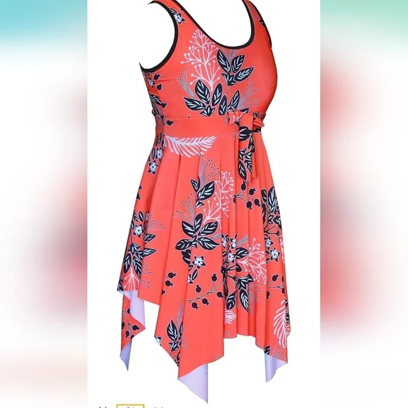 DANIFY  Red & Black Floral‎ Tummy Control Handkerchief Hem Swimdress Swimsuit 14 - Picture 2 of 11